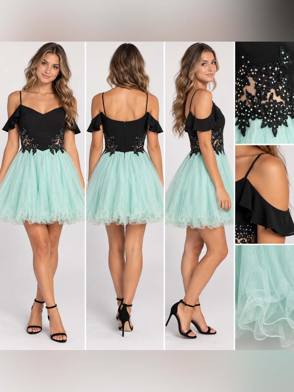 Blondie Nites Black & Mint Cold-Shoulder Tulle Party Dress (Size 3)